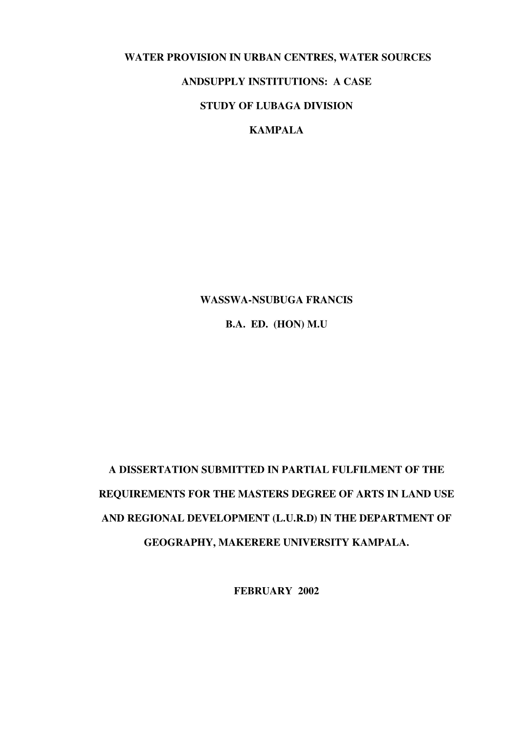 Water Provision in Urban Centres, Water Sources