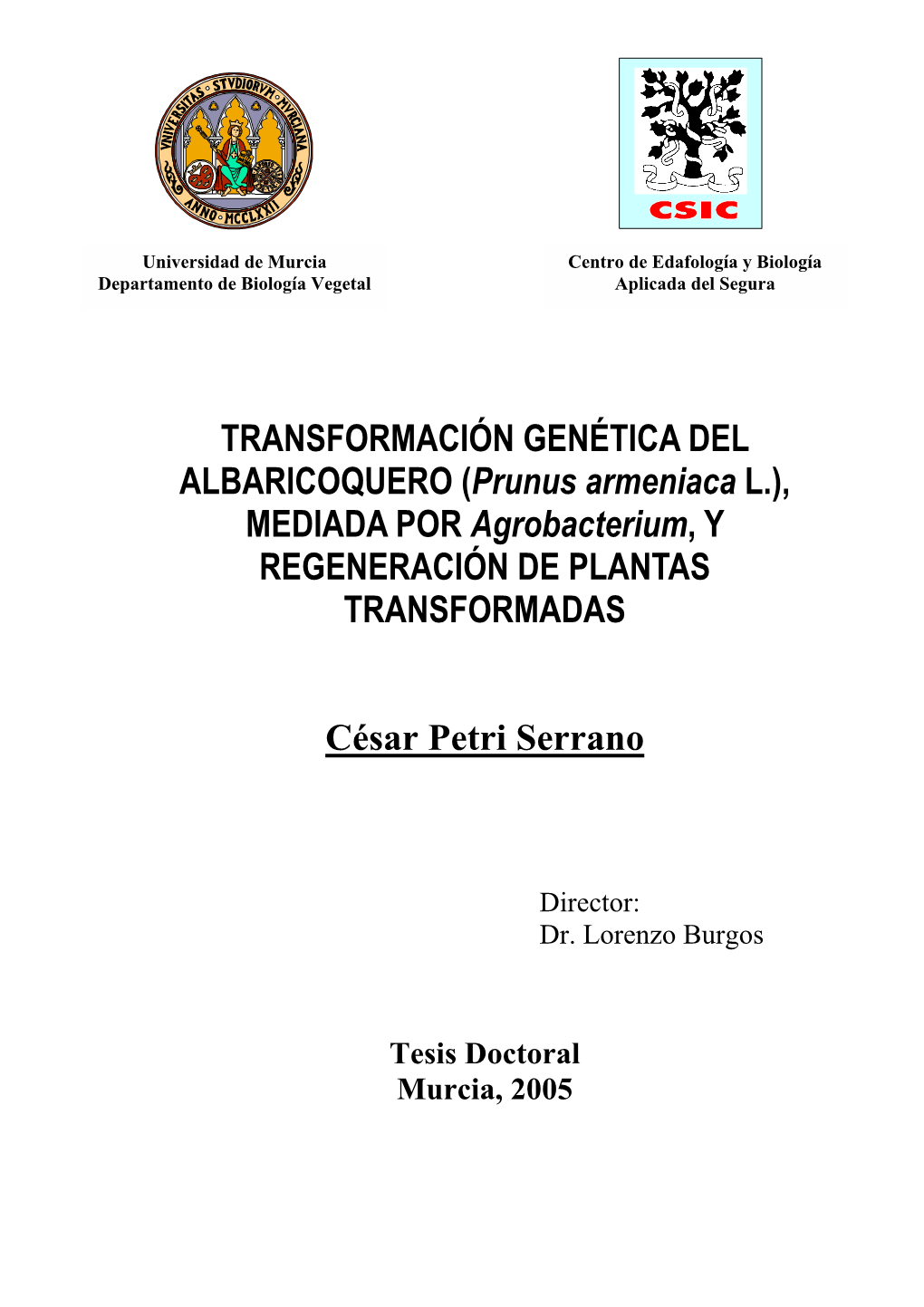 TRANSFORMACIÓN GENÉTICA DEL ALBARICOQUERO (Prunus Armeniaca L.), MEDIADA POR Agrobacterium, Y REGENERACIÓN DE PLANTAS TRANSFORMADAS