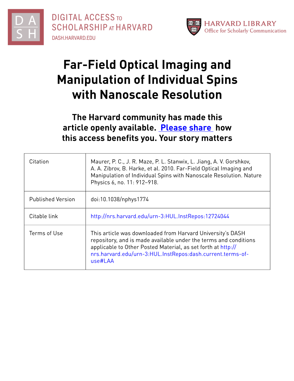 Far-Field Optical Imaging and Manipulation of Individual Spins with Nanoscale Resolution