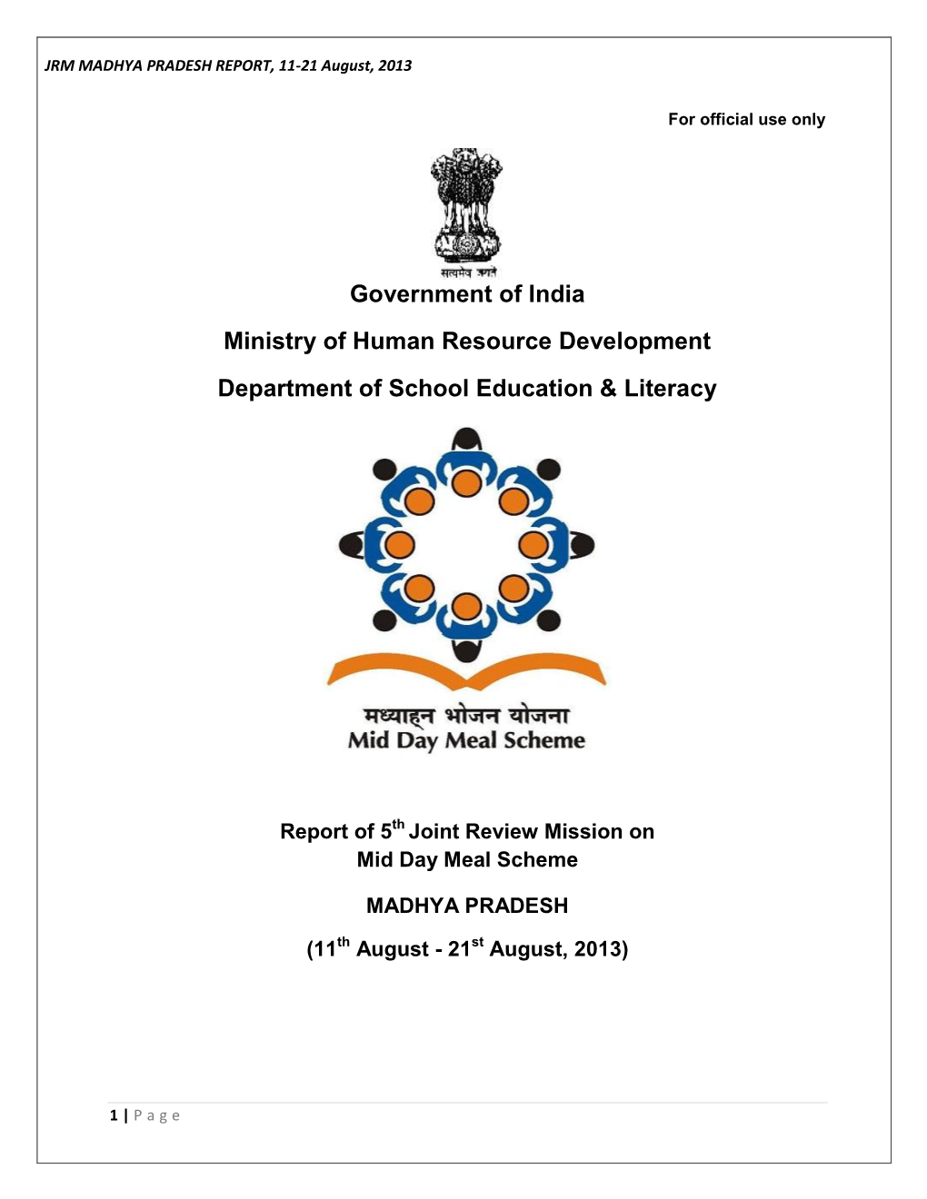 Government of India Ministry of Human Resource Development Department of School Education & Literacy