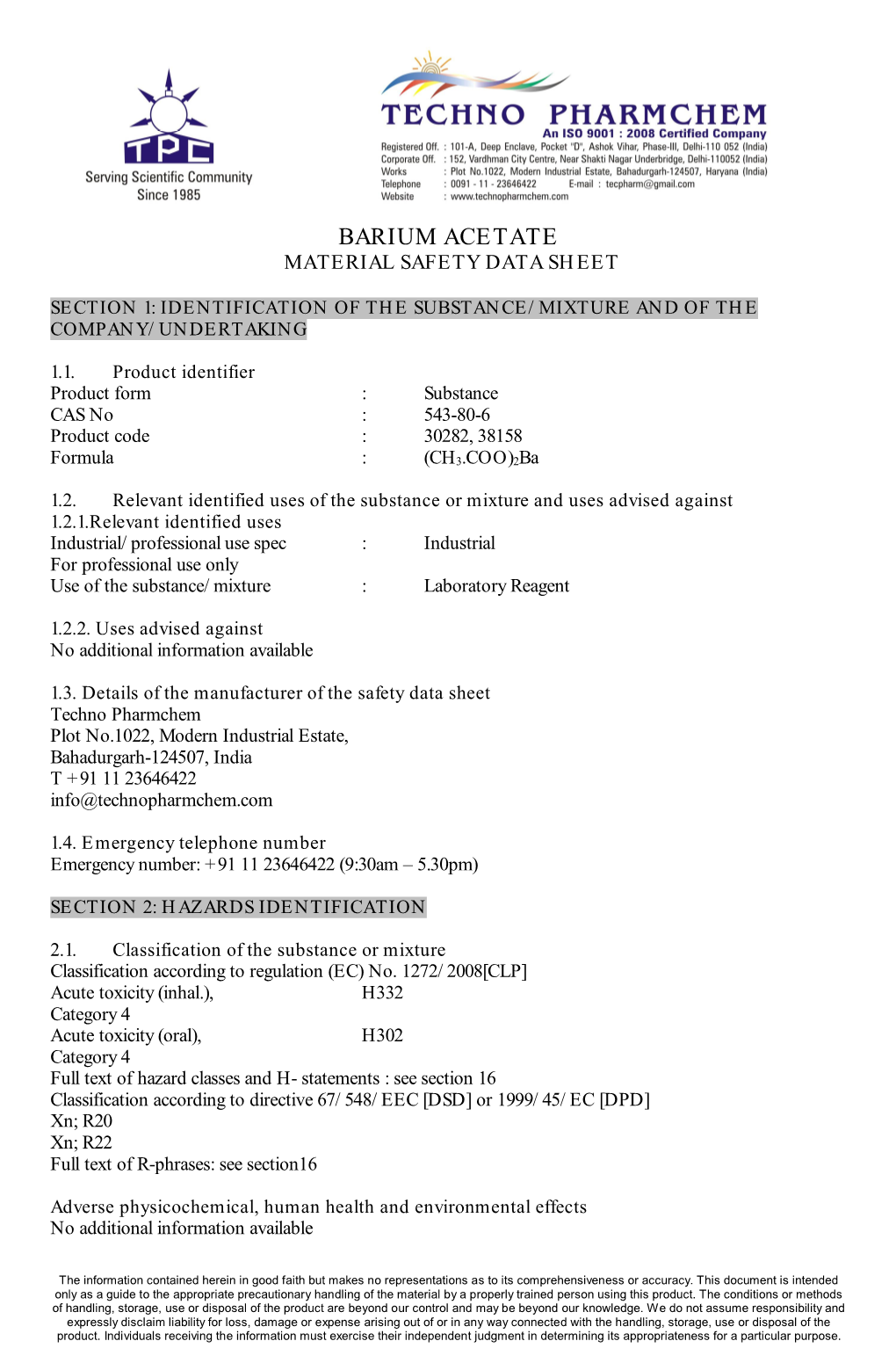 Barium Acetate Material Safety Data Sheet