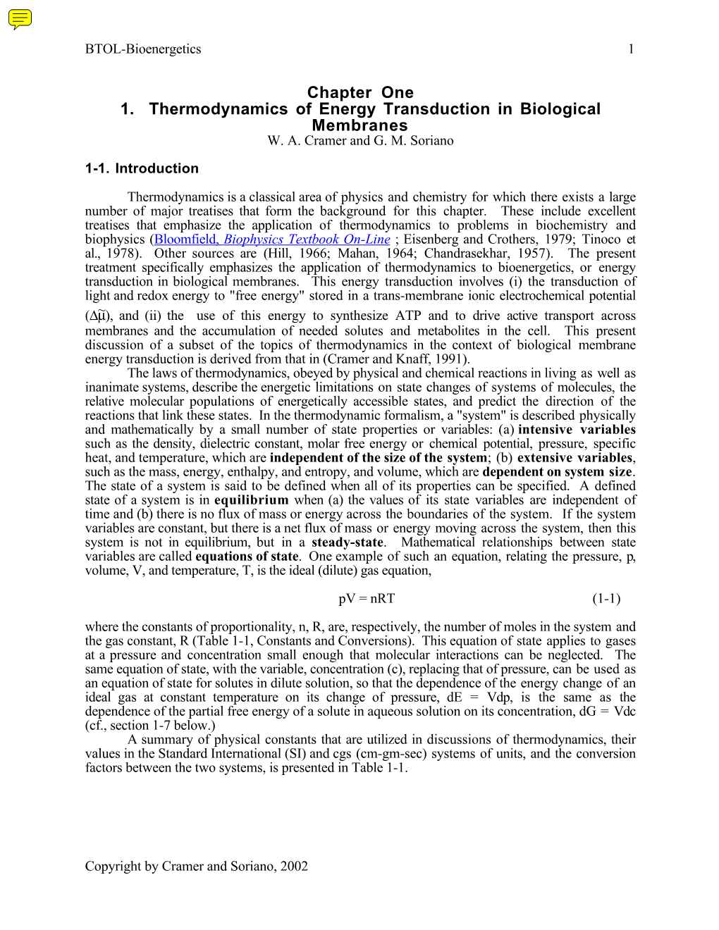Chapter One 1. Thermodynamics of Energy Transduction in Biological Membranes W