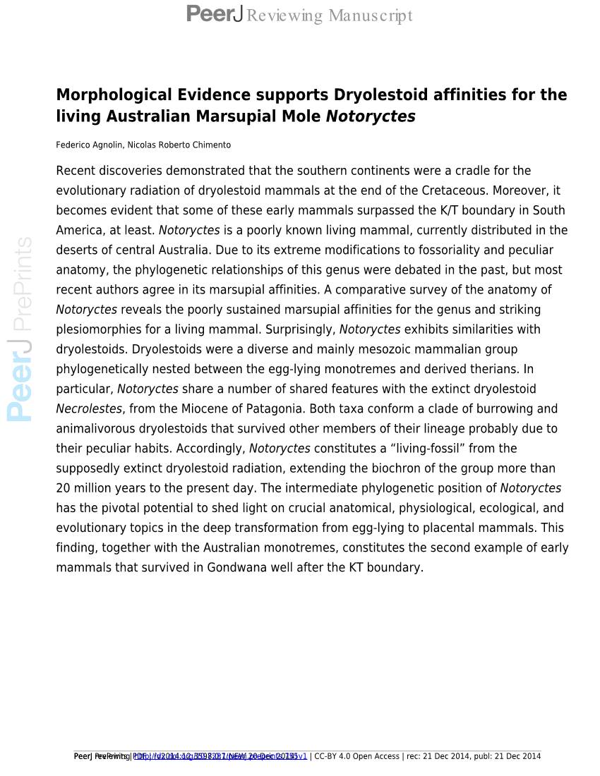 Morphological Evidence Supports Dryolestoid Affinities for the Living Australian Marsupial Mole Notoryctes