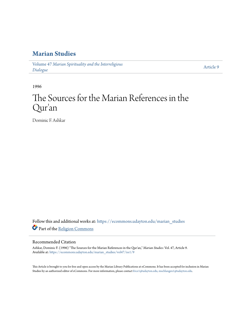 The Sources for the Marian References in the Qur'an