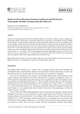 Zootaxa, Report on the Turrid Genera Gemmula
