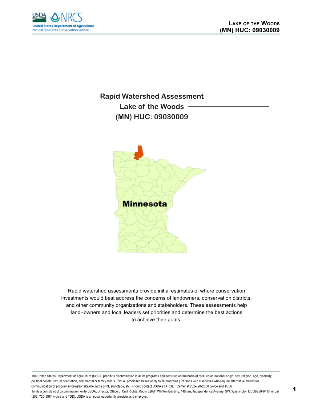 Rapid Watershed Assessment Lake of the Woods (MN) HUC: 09030009