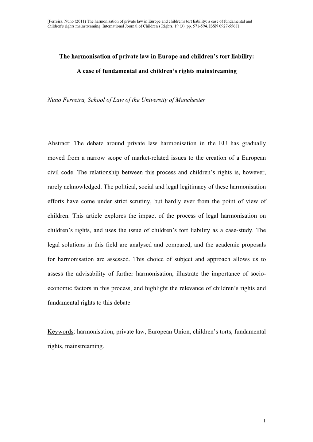 The Harmonisation of Private Law in Europe and Children's Tort Liability: a Case of Fundamental and Children's Rights Mainstreaming