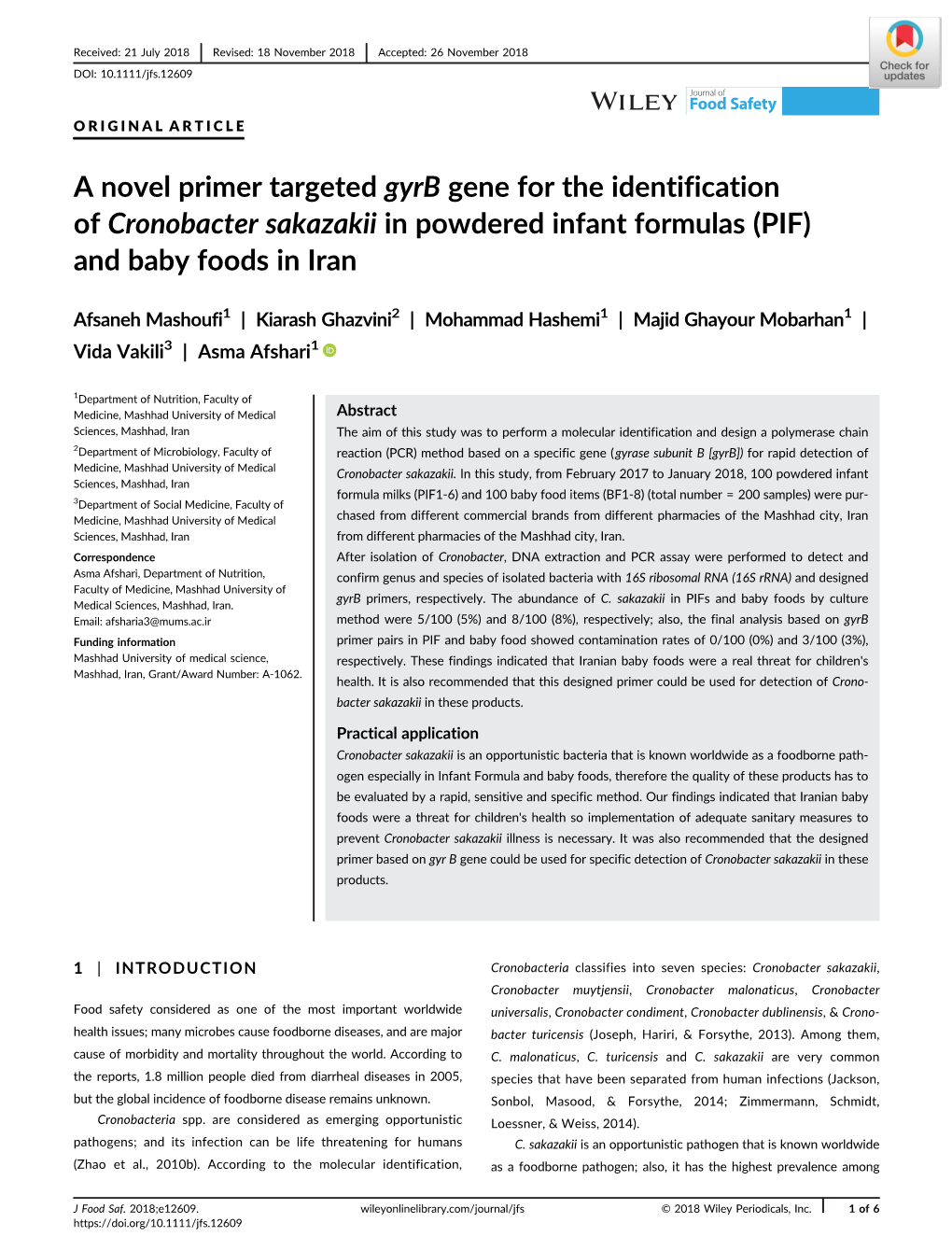 A Novel Primer Targeted Gyrb Gene for the Identification of Cronobacter Sakazakii in Powdered Infant Formulas (PIF) and Baby Foods in Iran