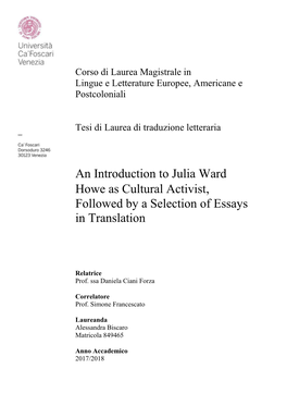 An Introduction to Julia Ward Howe As Cultural Activist, Followed by a Selection of Essays in Translation