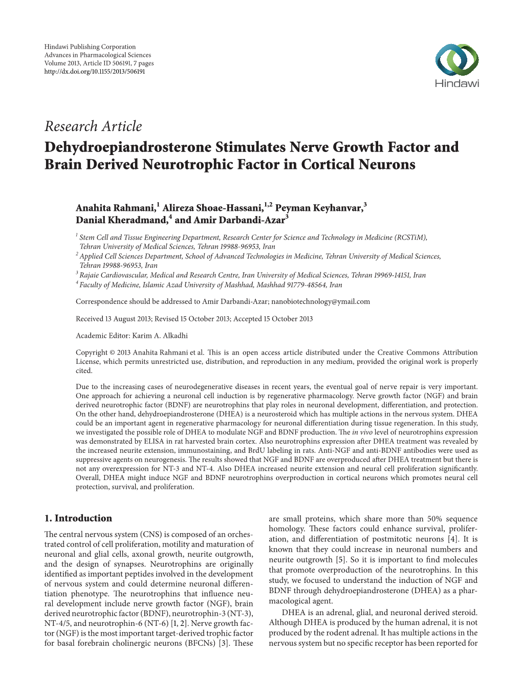 Dehydroepiandrosterone Stimulates Nerve Growth Factor and Brain Derived Neurotrophic Factor in Cortical Neurons