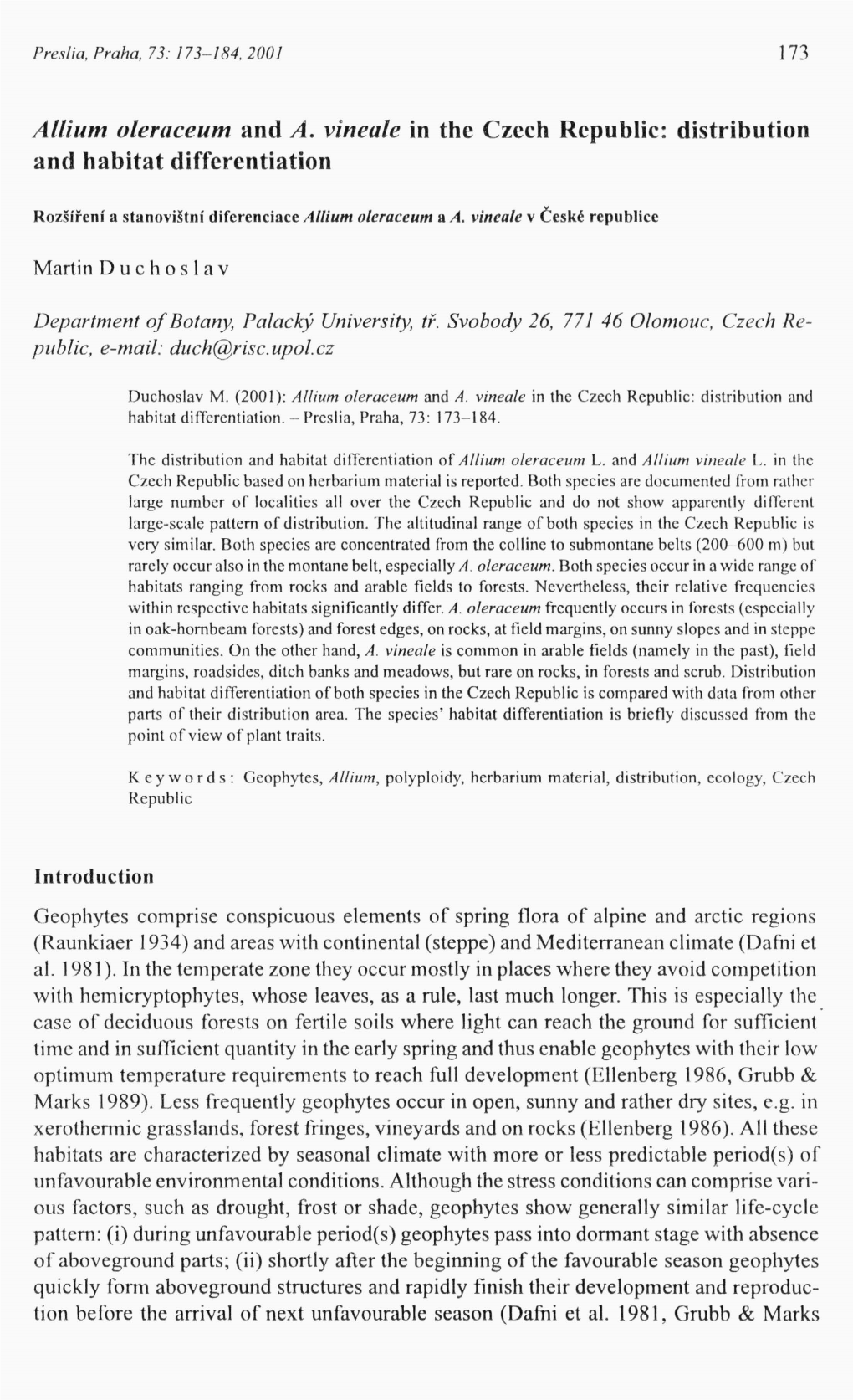 Allium Oleraceum and A. Vineale in the Czech Republic: Distribution and Habitat Differentiation