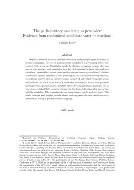 The Parliamentary Candidate As Persuader: Evidence from Randomized Candidate-Voter Interactions