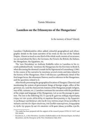 Laonikos on the Ethnonyms of the Hungarians*