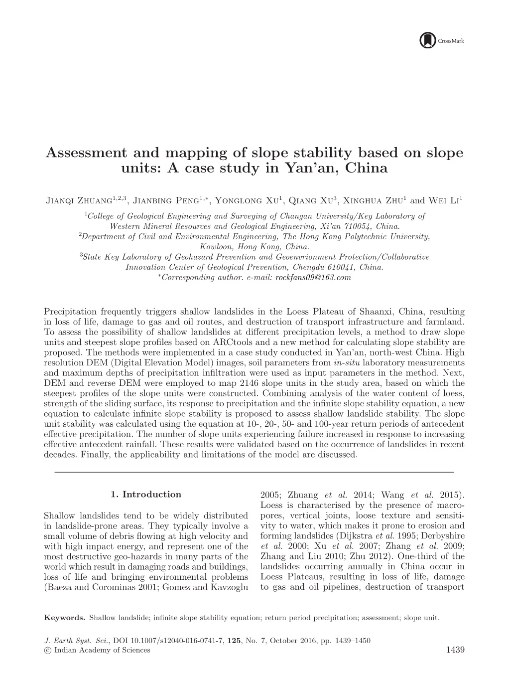 Assessment and Mapping of Slope Stability Based on Slope Units: a Case Study in Yan’An, China