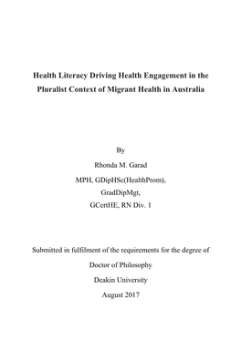 Health Literacy Driving Health Engagement in the Pluralist Context of Migrant Health in Australia