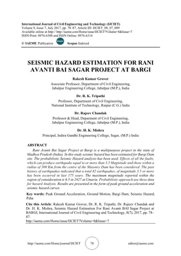 Seismic Hazard Estimation for Rani Avanti Bai Sagar Project at Bargi