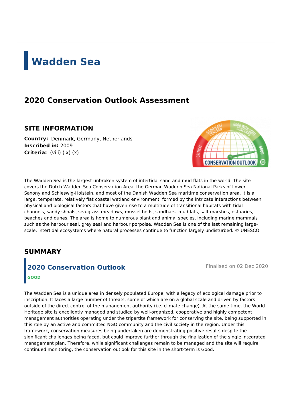 2020 Conservation Outlook Assessment