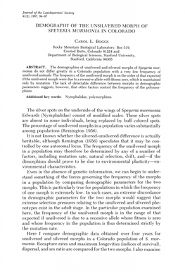 Demography of the Unsilvered Morph of Speyeria Mormonia in Colorado