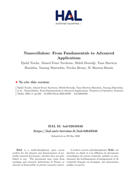Nanocellulose: from Fundamentals to Advanced Applications