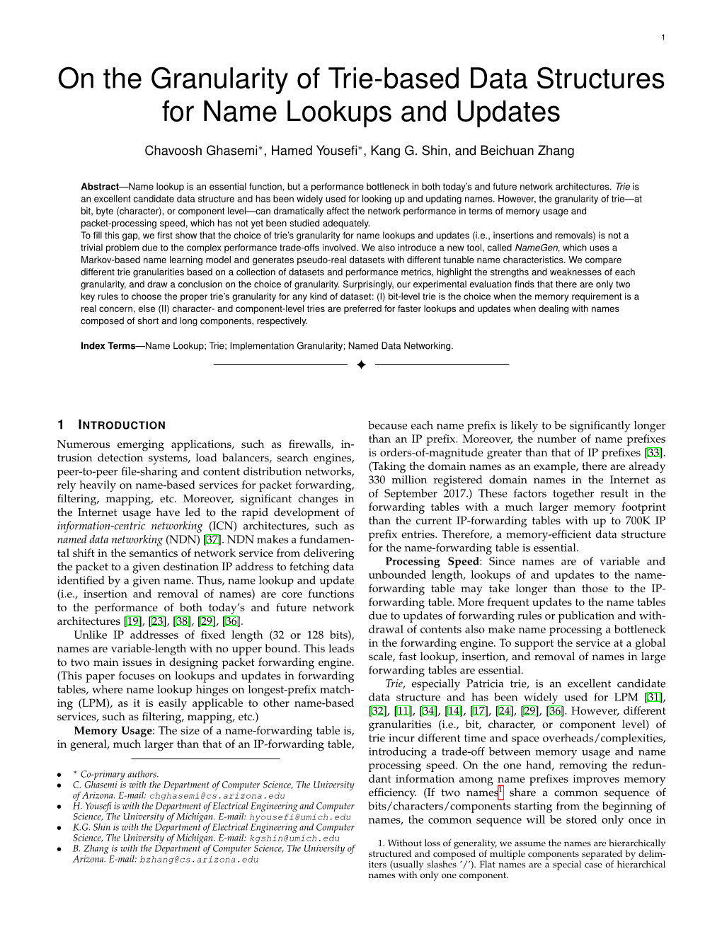 On the Granularity of Trie-Based Data Structures for Name Lookups and Updates