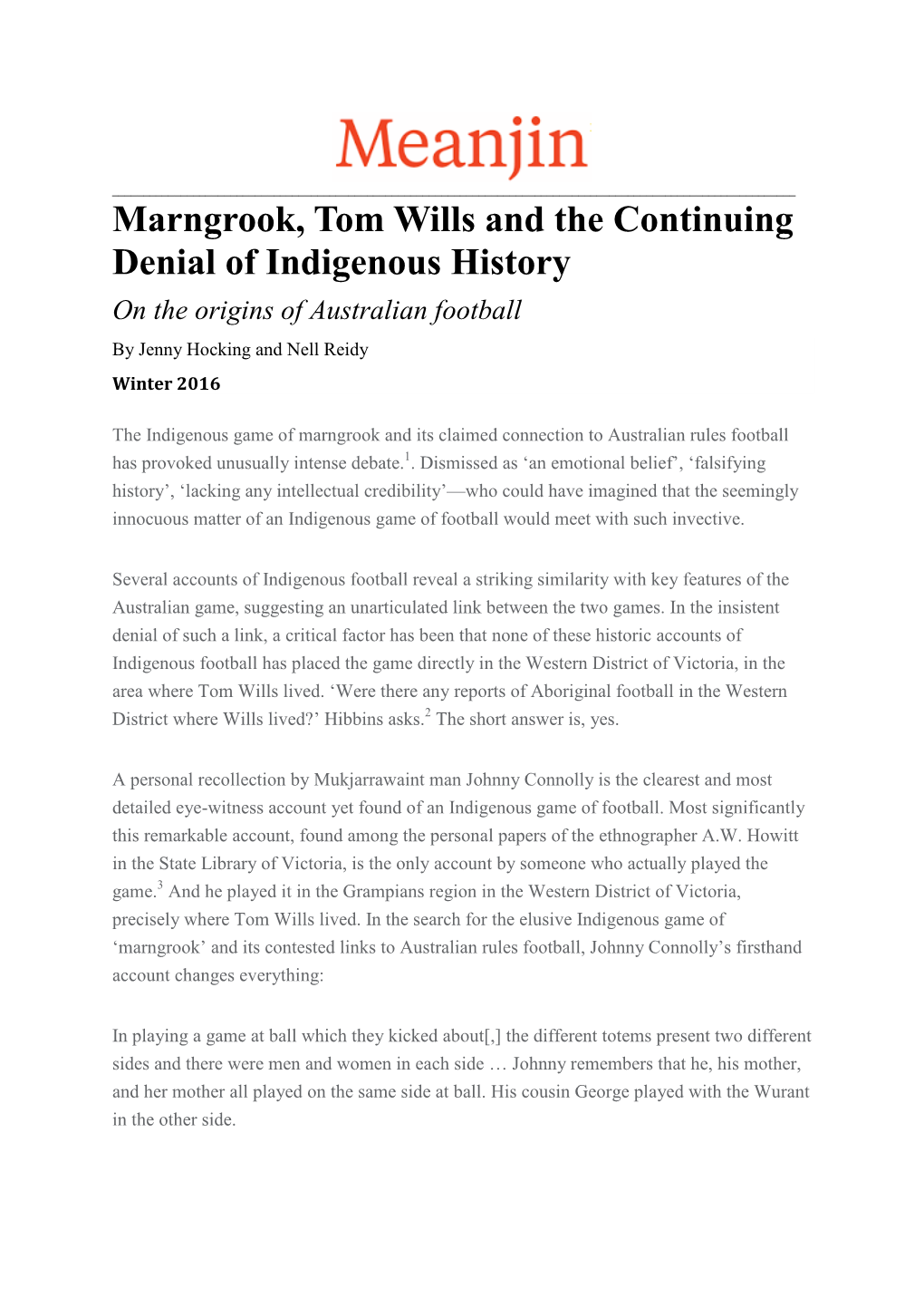 Marngrook, Tom Wills and the Continuing Denial of Indigenous History on the Origins of Australian Football by Jenny Hocking and Nell Reidy Winter 2016