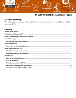 EY 2019 Medical School Admission Report Executive Summary Contents