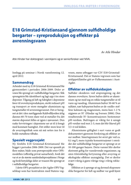 E18 Grimstad-Kristiansand Gjennom Sulfidholdige Bergarter – Syreproduksjon Og Effekter På Avrenningsvann