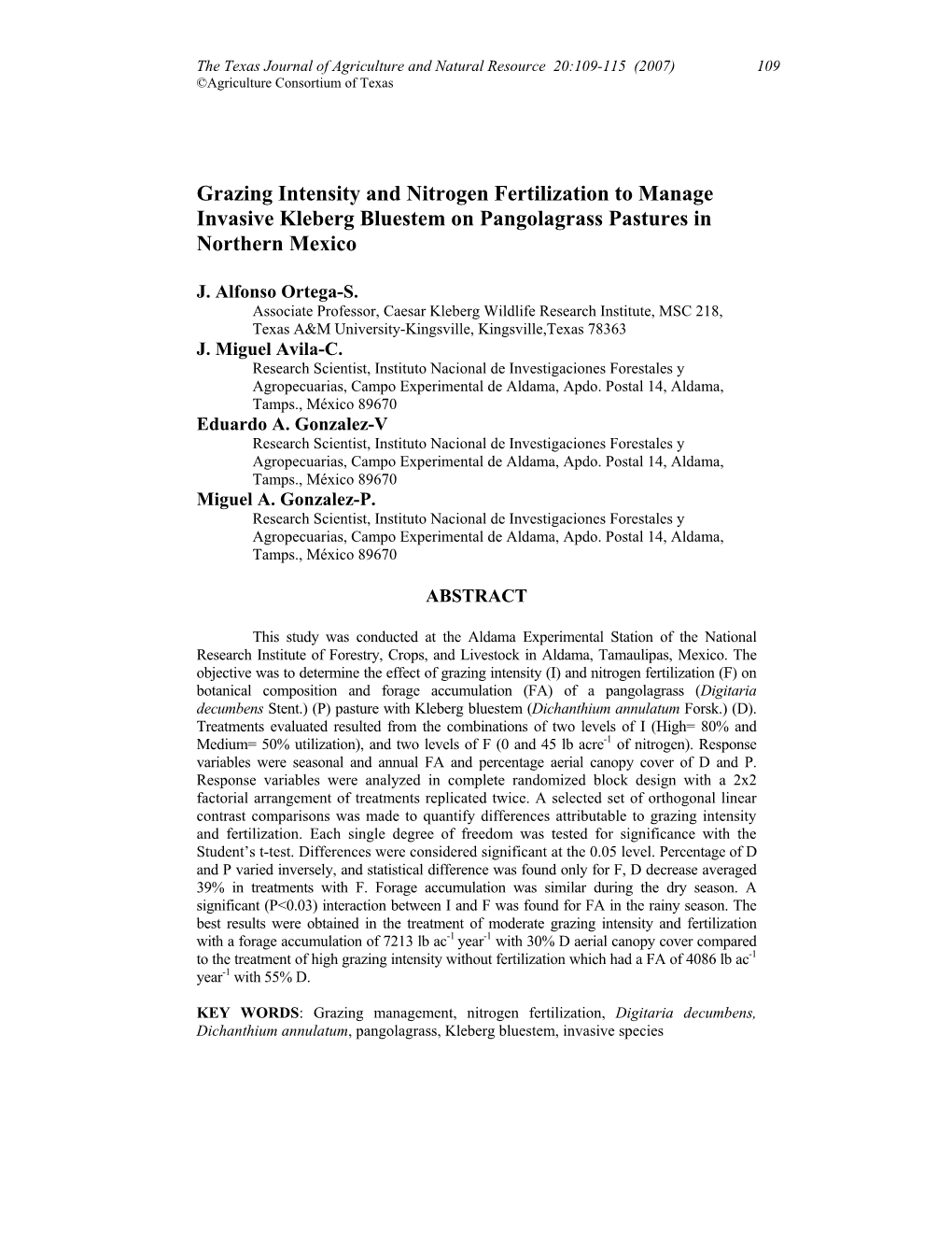 Grazing Intensity and Nitrogen Fertilization to Manage Invasive Kleberg Bluestem on Pangolagrass Pastures in Northern Mexico