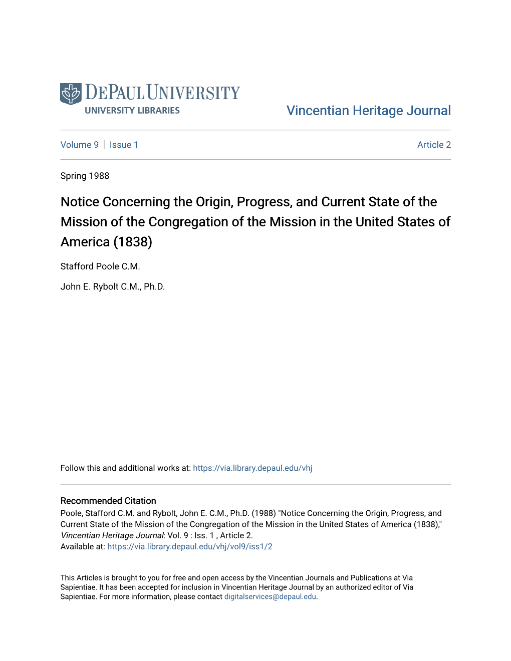 Notice Concerning the Origin, Progress, and Current State of the Mission of the Congregation of the Mission in the United States of America (1838)