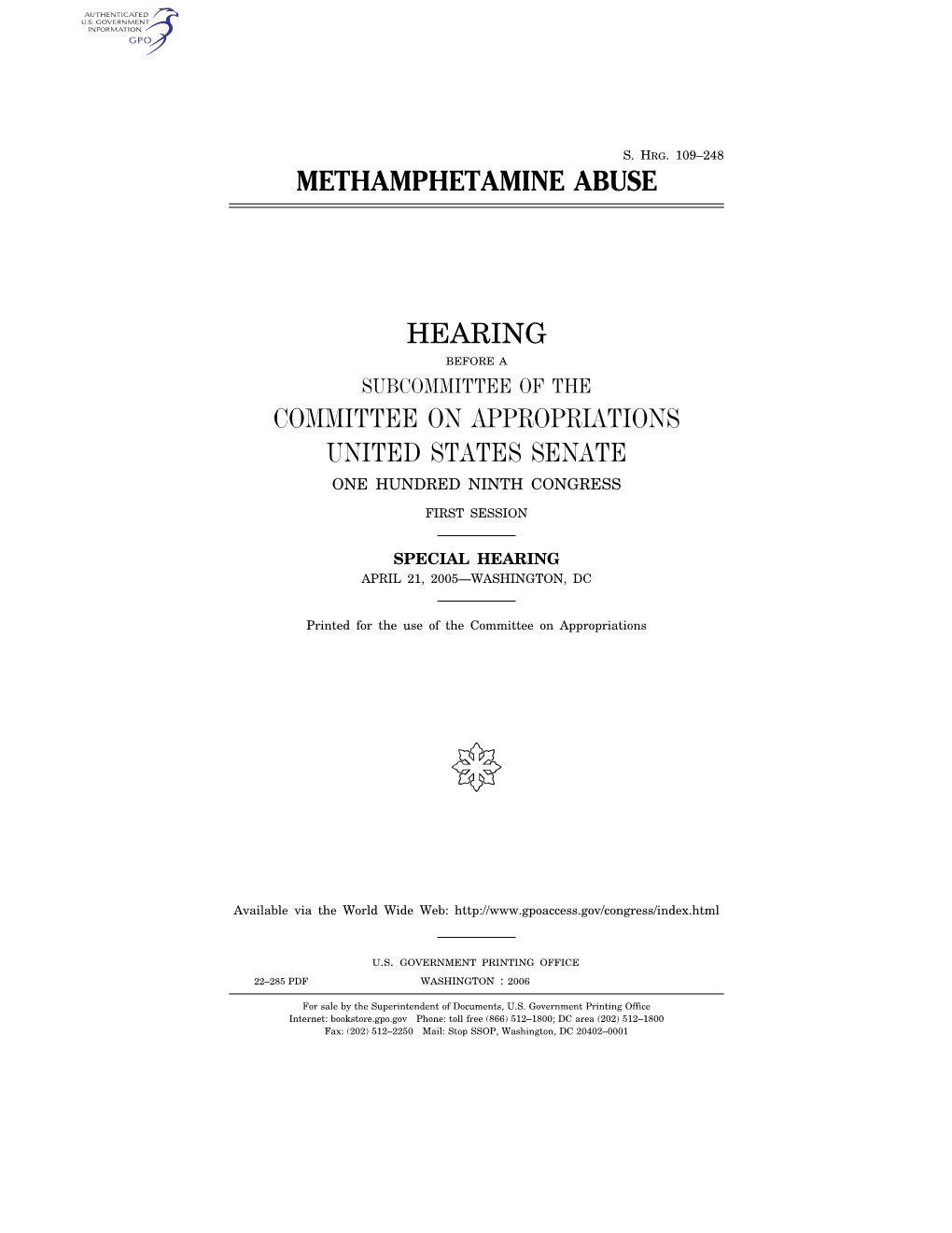 Methamphetamine Abuse Hearing Committee on Appropriations United States Senate