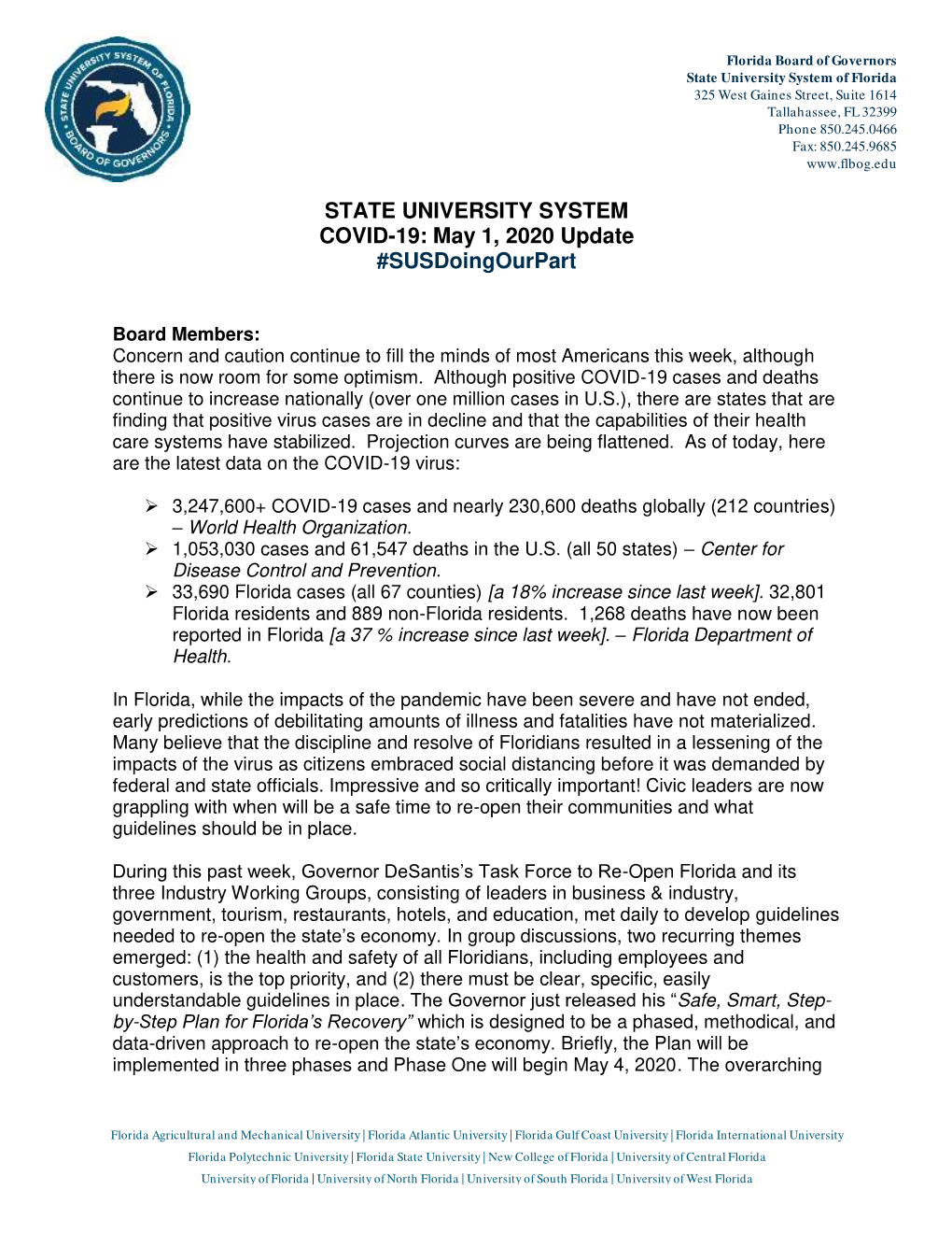 STATE UNIVERSITY SYSTEM COVID-19: May 1, 2020 Update #Susdoingourpart