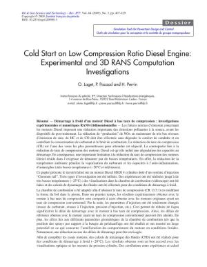 Cold Start on Low Compression Ratio Diesel Engine: Experimental and 3D RANS Computation Investigations