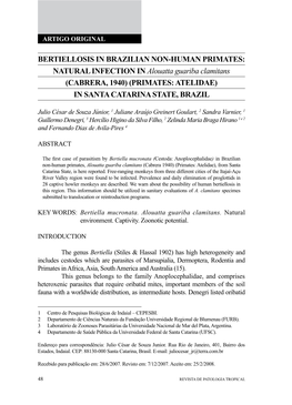 BERTIELLOSIS in BRAZILIAN NON-HUMAN PRIMATES: NATURAL INFECTION in Alouatta Guariba Clamitans (CABRERA, 1940) (PRIMATES: ATELIDAE) in SANTA CATARINA STATE, BRAZIL