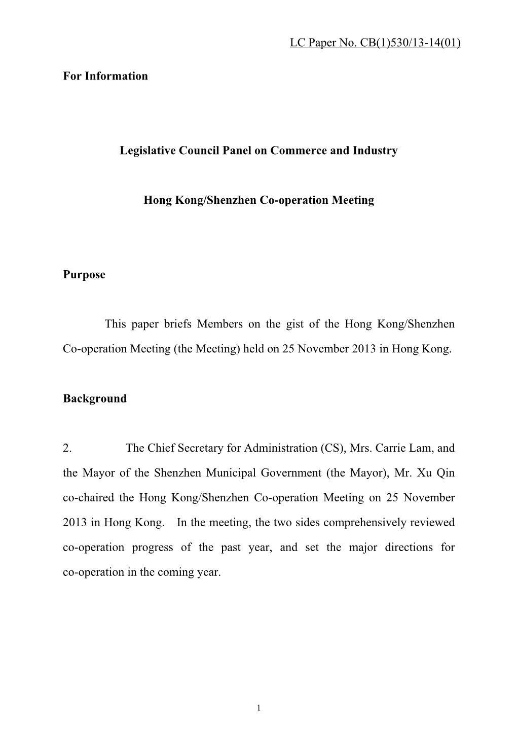 Hong Kong/Shenzhen Co-Operation Meeting