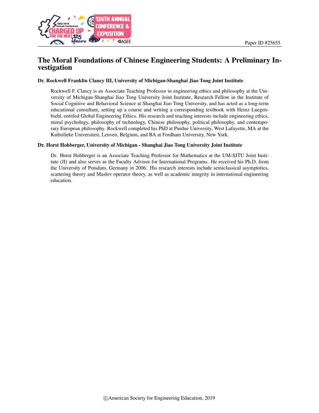 The Moral Foundations of Chinese Engineering Students: a Preliminary In- Vestigation