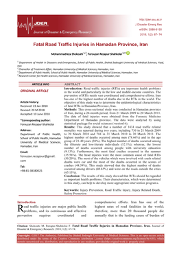Fatal Road Traffic Injuries in Hamadan Province, Iran