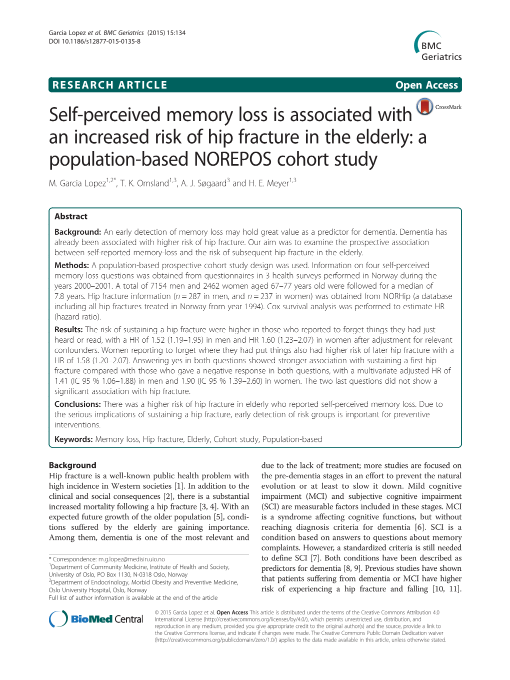 Self-Perceived Memory Loss Is Associated with an Increased Risk of Hip Fracture in the Elderly: a Population-Based NOREPOS Cohort Study M