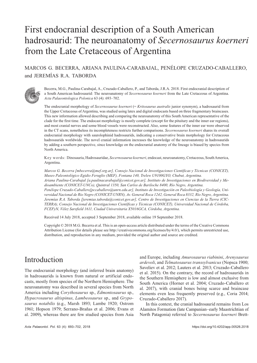 First Endocranial Description of a South American Hadrosaurid: the Neuroanatomy of Secernosaurus Koerneri from the Late Cretaceous of Argentina