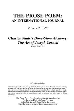 Charles Simic's Dime-Store Alchemy: the Art of Joseph Cornell Guy Rotella