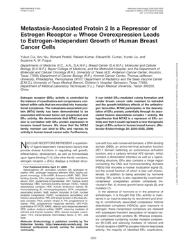 Metastasis-Associated Protein 2 Is a Repressor of Estrogen Receptor ␣ Whose Overexpression Leads to Estrogen-Independent Growth of Human Breast Cancer Cells