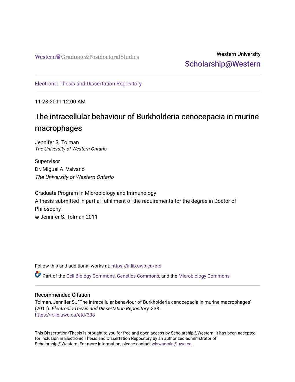 The Intracellular Behaviour of Burkholderia Cenocepacia in Murine Macrophages
