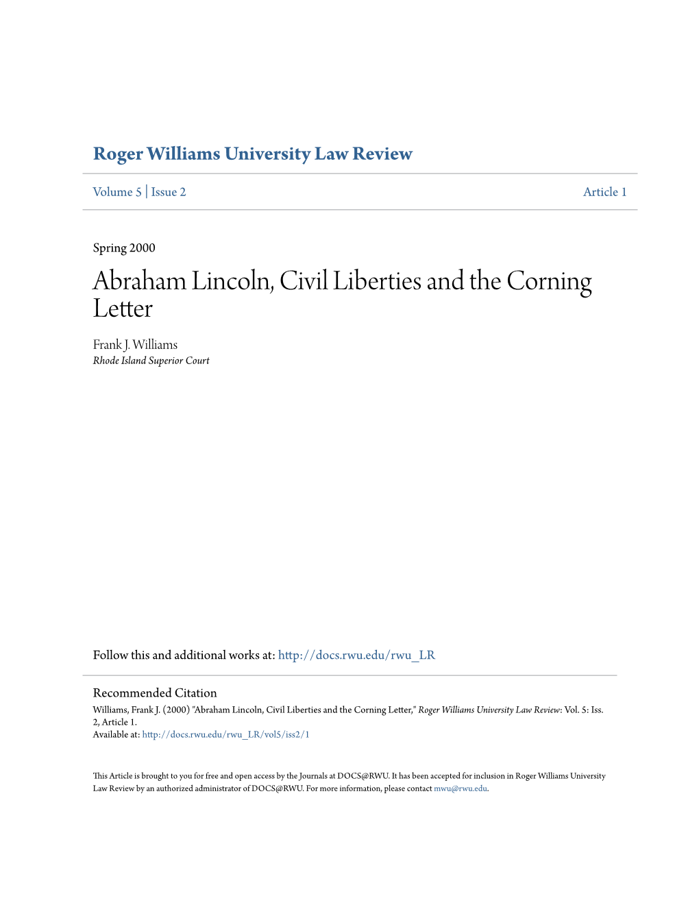 Abraham Lincoln, Civil Liberties and the Corning Letter Frank J