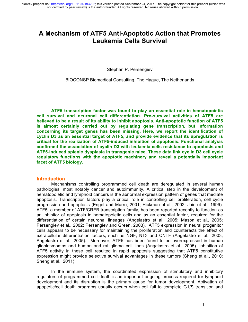 A Mechanism of ATF5 Anti-Apoptotic Action That Promotes Leukemia Cells Survival