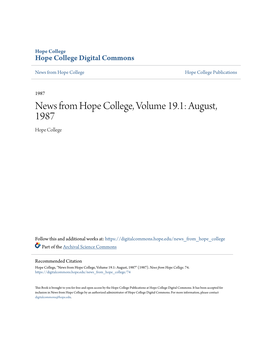 News from Hope College, Volume 19.1: August, 1987 Hope College