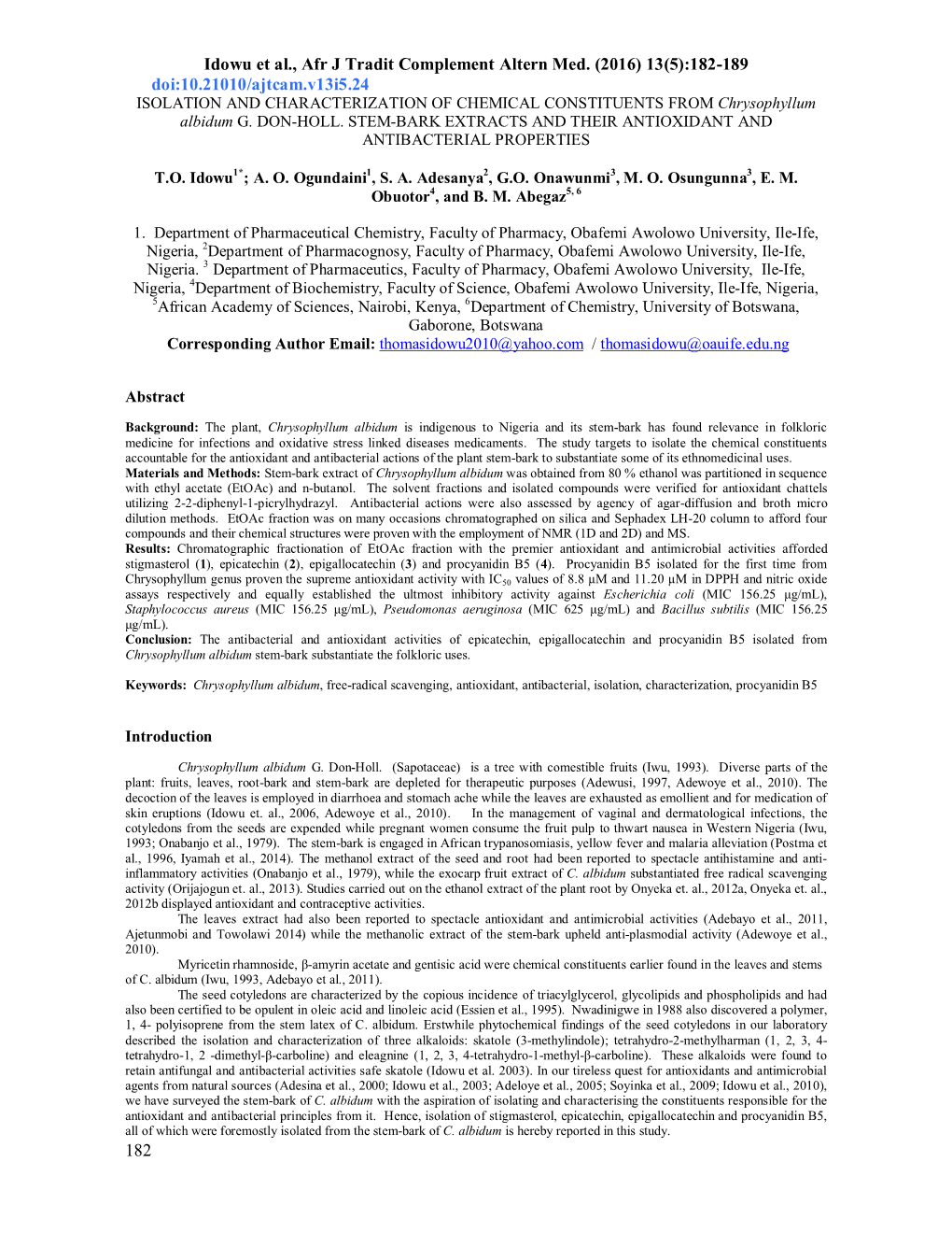 Idowu Et Al., Afr J Tradit Complement Altern Med. (2016) 13(5):182-189