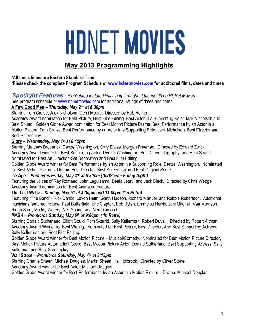Hdnet Movies May 2013 Program Highlights -Version 1