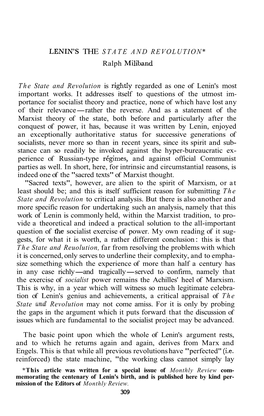 LENIN's the STATE and REVOLUTION* Ralph Miliband