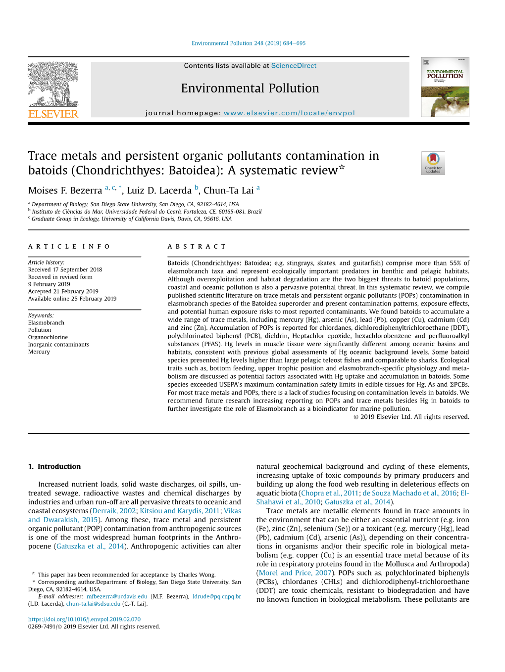 Trace Metals and Persistent Organic Pollutants Contamination in Batoids (Chondrichthyes: Batoidea): a Systematic Review*