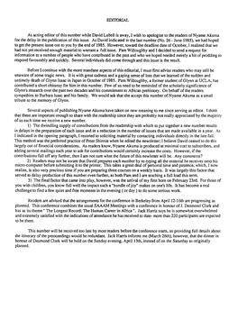 As Acting Editor of This Number While David Lubell Is Away, I Wish to Apologize to the Readers of Nyame Akuma for the Delay in the Publication of This Issue