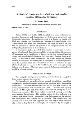 A Study of Haemocytes in a Centipede Scolopendra Morsitans (Chilopoda: Myriapoda)